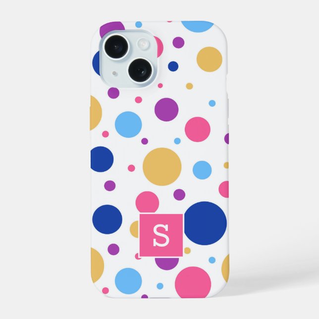 Helle farbenfrohe Punkte-Muster-Monogramm iPhone 15 Hülle (Rückseite)