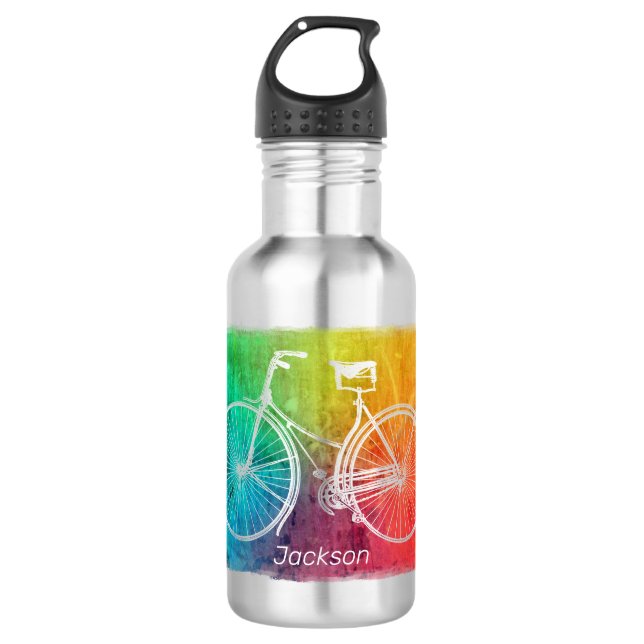 Helle Farbenfrohe Regenbogenbiker Personalisiert Edelstahlflasche (Vorderseite)