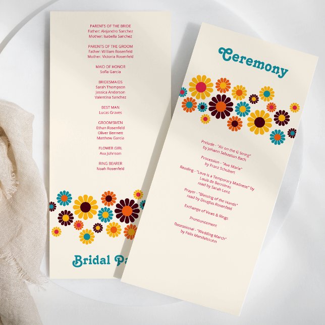 Helle farbenfrohe Retro Daisy Wedding Programm (Von Creator hochgeladen)
