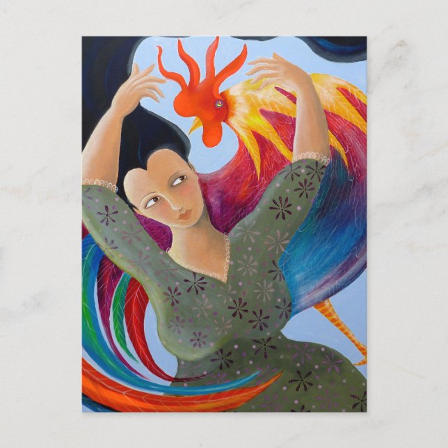 Helle farbenfrohe Rooster und Lady. Postkarte (Vorderseite)