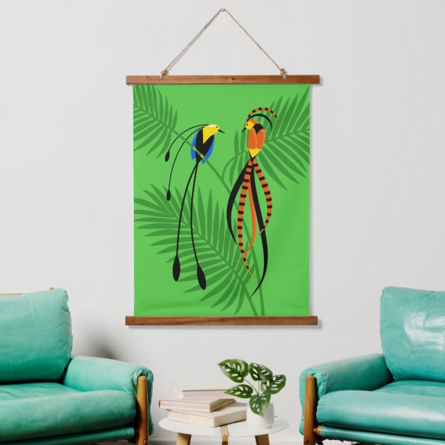 Helle, farbenfrohe Vögel des Paradieses 2 Wandteppich Mit Holzrahmen (Wohnzimmer)
