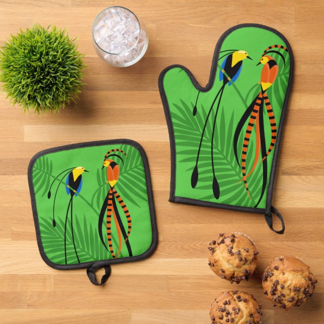Helle, farbenfrohe Vögel des Paradieses Ofenhandschuh & Topflappen-Set (Oben Unten)