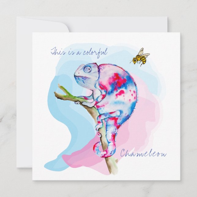 Helle, farbenfrohe Wasserfarbe Chamäleon und Biene Einladung (Vorderseite)