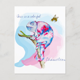 Helle, farbenfrohe Wasserfarbe Chamäleon und Biene Postkarte