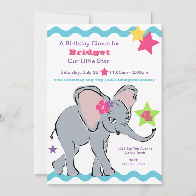 Helle farbige Girl Elephant Star Einladung (Vorderseite)