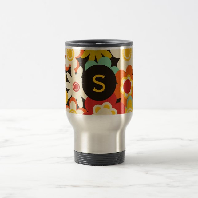 Helle Farbige Retro-Blumenmuster-Monogramm Reisebecher (Mittel)