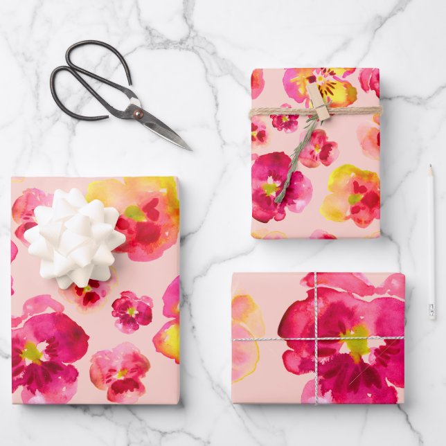 Helle Farbige Rosa Stiefmütterchen  Geschenkpapier Set (Vorderseite)