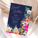 Helle, fette Blume Drehbuch Sweet 16 Einladung<br><div class="desc">Elegante,  helle und kühne moderne Frühjahrs-Sommer-Blume Illustration mit hübscher,  überdimensionaler Blume und Pinselschrift süße 16 Geburtstagsfeier mit moderner Kalligrafie-Typografie mit leuchtend neonrosa,  orangefarbenen,  grünen und gelben Blumen auf einem bearbeitbaren marineblauen Hintergrund.</div>