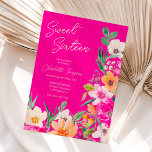 Helle, fette Blume Drehbuch Sweet 16 Einladung<br><div class="desc">Elegante,  helle und kühne moderne Frühjahrs-Sommer-Blume Illustration mit hübscher,  überdimensionaler Blume und Pinselschrift süße 16 Geburtstagsfeier mit moderner Kalligrafie-Typografie mit leuchtend neonrosa,  orangefarbenen,  grünen und gelben Blumen auf neonrosa Hintergrund.</div>