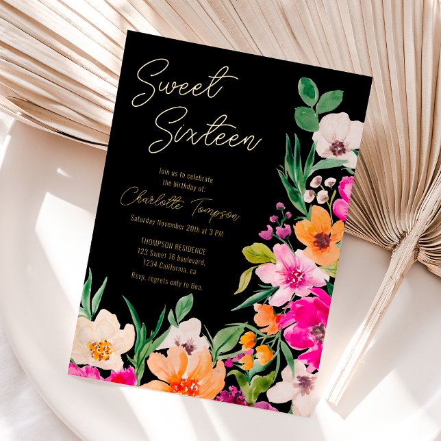 Helle, fette Blume Drehbuch Sweet 16 Folieneinladung (Bright bold wild flowers script Sweet 16 Foil Invitation)