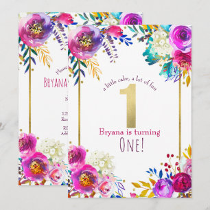 Helle Fette Farbige Blumen Moderne 1. Geburtstag Einladung