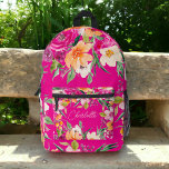 Helle, fette wilde Blume neunrosa Namen Bedruckter Rucksack<br><div class="desc">Eleganter,  heller und kühner,  moderner Sommerrucksack mit hübscher,  überdimensionaler Blume und Pinselschrift mit moderner Kalligraphie-Typografie mit leuchtenden Neonfarben,  Rosa,  Orange,  Grün und Gelb auf Neonrosa</div>