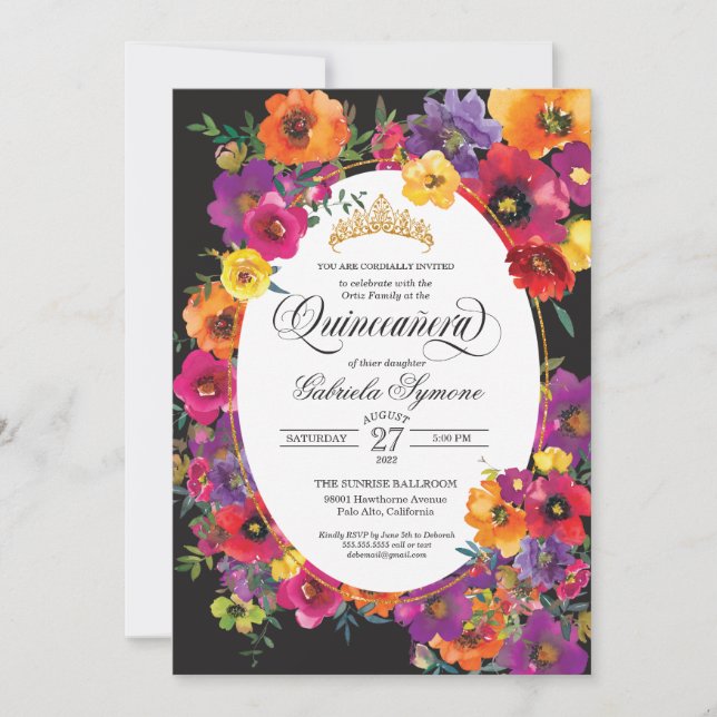 Helle Fiesta Blume Aquarell Flora Quinceañera Einladung (Vorderseite)