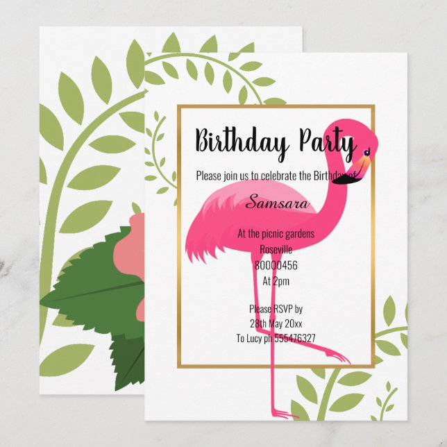 HELLE FLAMINGO BOTANISCHE WEISSE PINKGOLD EINLADUNG (Vorne/Hinten)