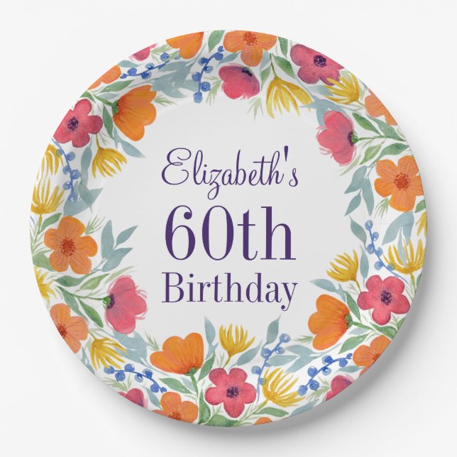 Helle Flora 60. Geburtstag Pappteller (Vorderseite)