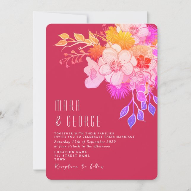 Helle floral Magenta Wedding Einladung (Vorderseite)