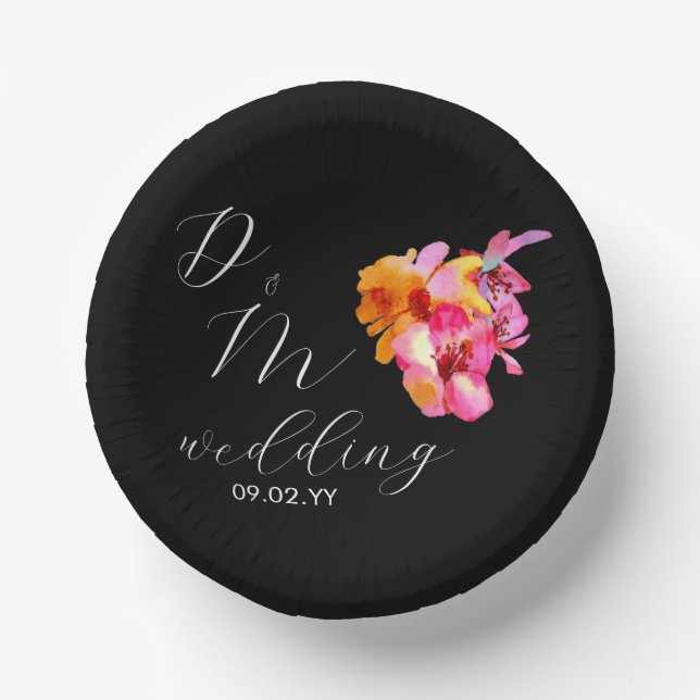 Helle, florale, farbige Monogramm-Schwarze Hochzei Pappteller (Vorderseite)