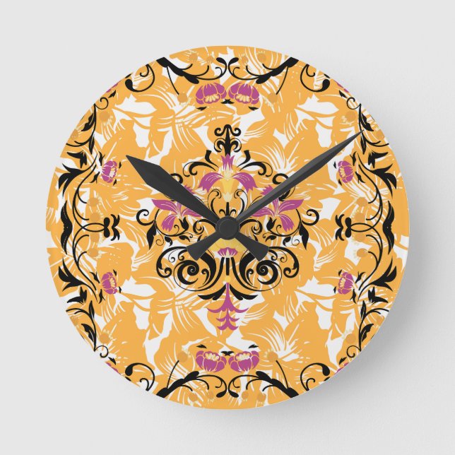 Helle florale Kunst, Orange und Schwarzes Hollow Runde Wanduhr (Vorderseite)