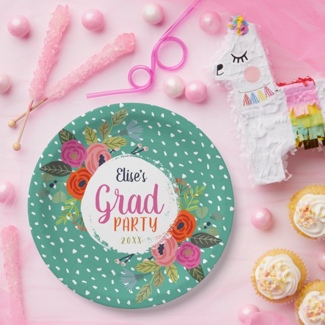 Helle, florale Personalisiert Graduierungspartei Pappteller (Party)