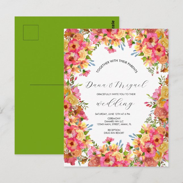 Helle Florals Pink farbenfrohe Hochzeit mit Wasser Postkarte (Vorne/Hinten)
