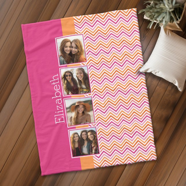 Helle FotoCollage Hot Pink Orange Chevrons Fleecedecke (Personalized fleece blanket with 4 photos and a monogram)