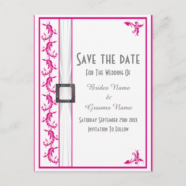 Helle Fuchsienrosa, weiße Spitze Save the Date Ankündigungspostkarte (Vorderseite)
