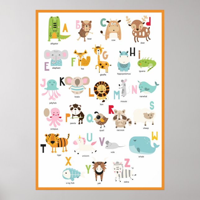 Helle Fun farbenfrohe Orange Frame Tier Alphabet Poster (Vorne)
