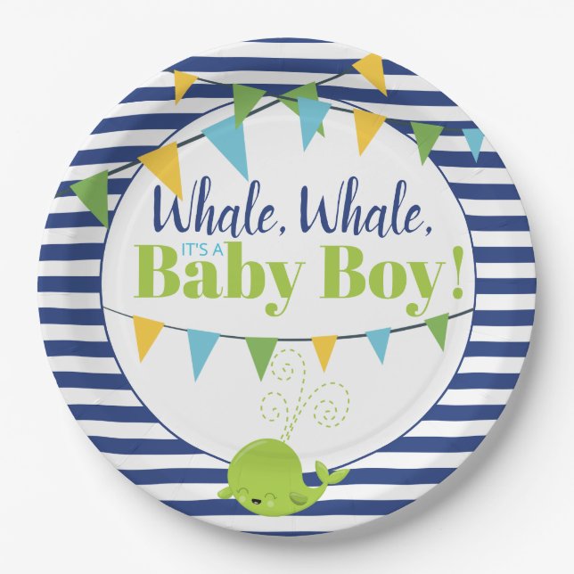 Helle Fun Typografie Niedlich Whale Boy Babydusche Pappteller (Vorderseite)