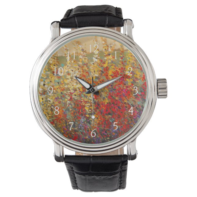 Helle Gartenmauer Frühlingsfest Wildblumen Armbanduhr (Vorderseite)