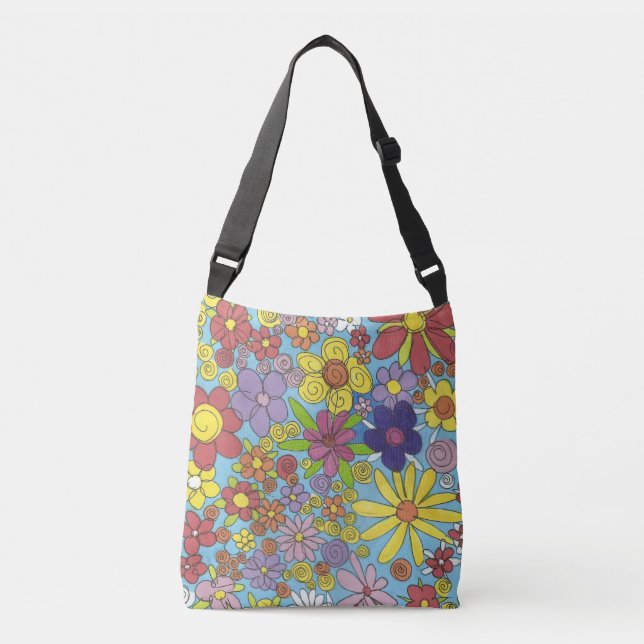 Helle Gekritzel-Blumen über Schulter-Tasche Tragetaschen Mit Langen Trägern (Vorderseite)