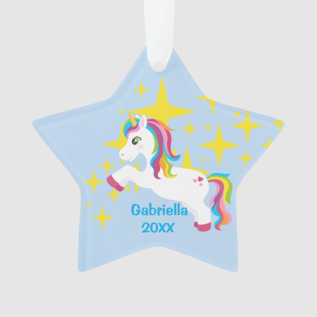 Helle Gelb-Sterne mit Einhorn-Verzierung Ornament (Vorderseite)