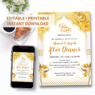 Helle gelbe Blumen- und Goldbogen-Ramadan-Iftar-Ei Einladung