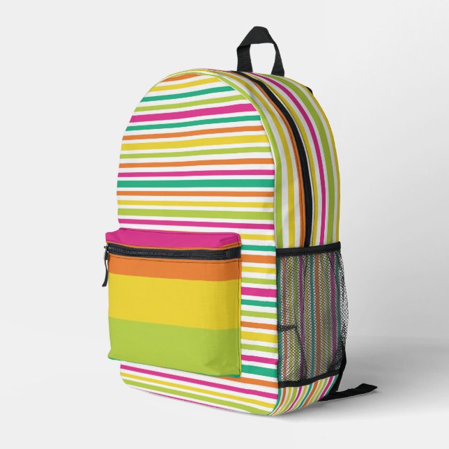 HELLE GELBE ORANGE PINK BLAU GRÜNE STREIFEN BEDRUCKTER RUCKSACK (Rückseitige Ecke Rechts)