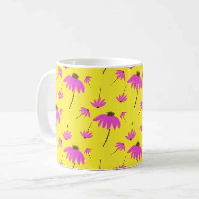 Helle gelbe Tasse mit rosa Blumen (Vorderseite Links)