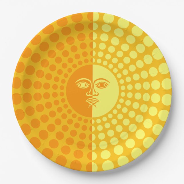 Helle, gelbe und orange Sonne mit Gesicht Pappteller (Vorderseite)