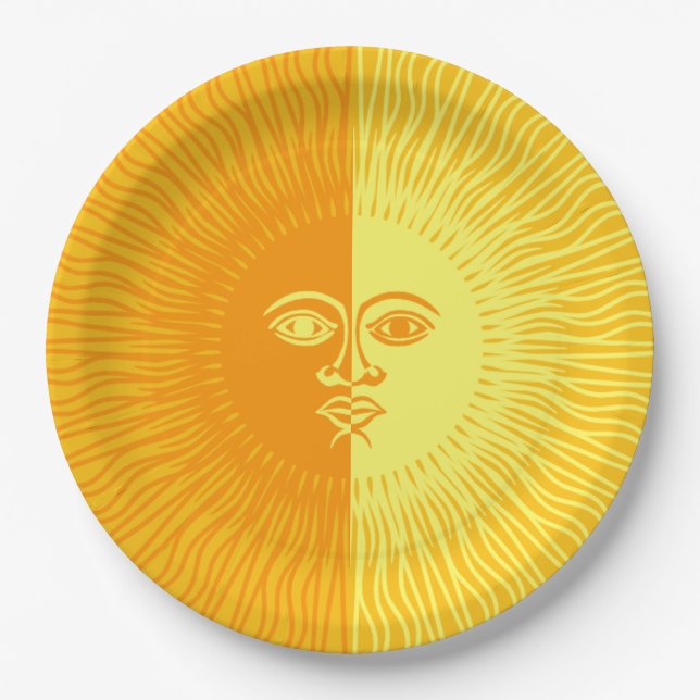 Helle, gelbe und orange Sonne mit Gesicht Pappteller (Vorderseite)