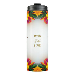 Helle gelbe Vögel in einem lebendigen floralen Rah Thermosbecher