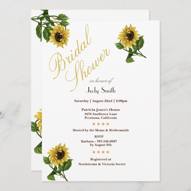 Helle Gold Sonnenblumen Bridal Dusche Einladungen (Vorne/Hinten)
