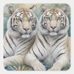 Helle Golden Tigers in einem blauen grünen Dschung Quadratischer Aufkleber