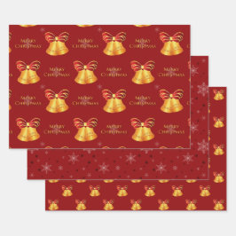 Helle goldene Glocken und rote Schneeflocken Weihn Geschenkpapier Set
