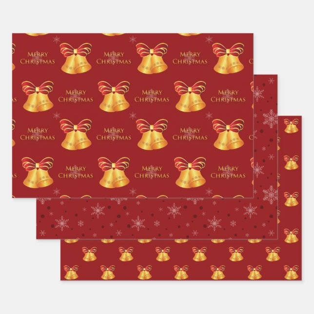 Helle goldene Glocken und rote Schneeflocken Weihn Geschenkpapier Set (Set)