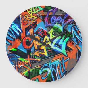 Helle Graffiti, urbanes Grafikdesign. Große Wanduhr