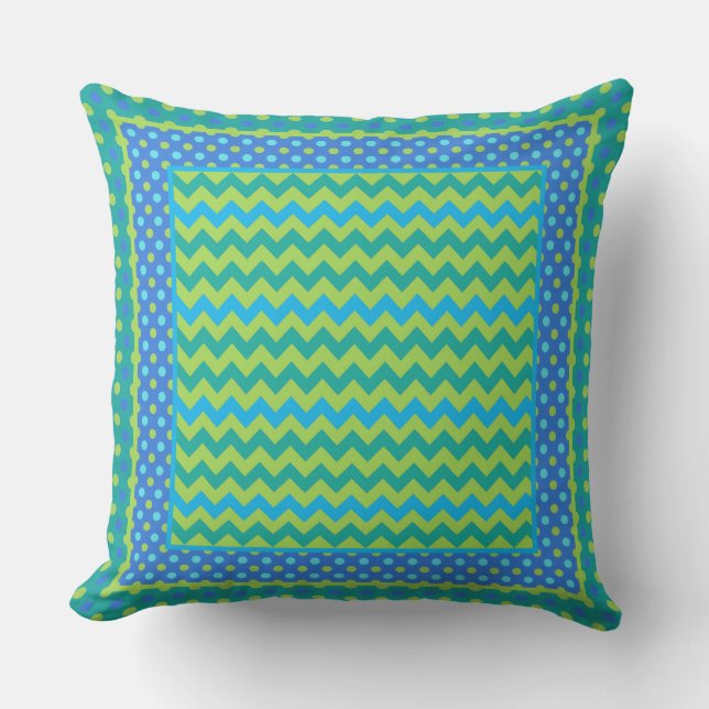 Helle grüne, blaue Chevronen, Polka Dots Kissen (Vorderseite)
