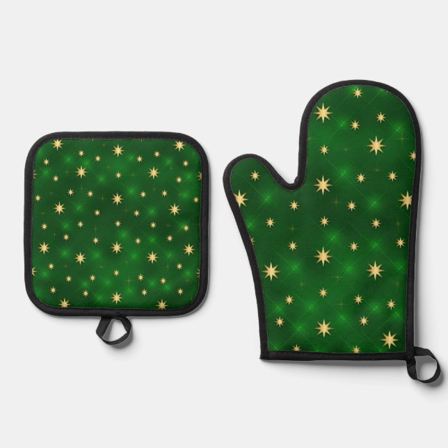 HELLE GRÜNE MIT GOLDSTERNEN OFENHANDSCHUH & Topflappen-Set (Vorderseite)