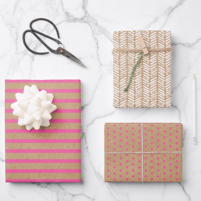 Helle Hot Summer Pink Strips Imitate Braun Kraft Geschenkpapier Set (Vorderseite)