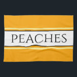 Helle, Hübsche, goldgelbe Streifen Geschirrtuch<br><div class="desc">Dieses elegante Design ist mit PEACHES-Text in einem breiten,  weißen Streifen in der Mitte ausgestattet,  der mit schwarzen,  gelben und orangefarbenen pinstripes gegen hellgelbe äußere Streifen hervorgehoben ist. Der Text kann personalisiert sein.</div>