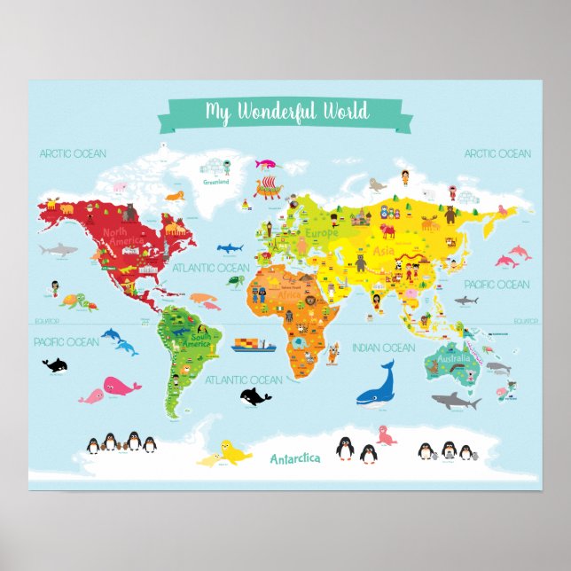 Helle Kinder Weltkarte mit Illustrationen Poster (Vorne)