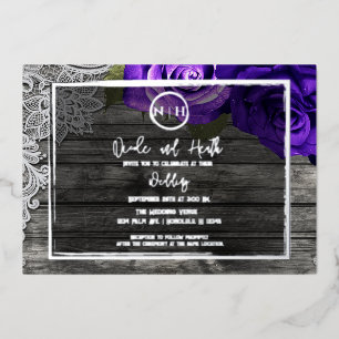 Helle Lila Rose Holz & Spitzen Rustikale Hochzeit Folieneinladung