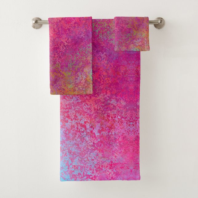 Helle Magenta Sunset Abstrakte Acrylpour Badhandtuch Set (Insitu)