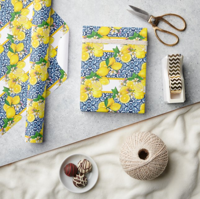 Helle mediterrane sizilianische Tiles Citrus Lemon Geschenkpapier (Kunsthandwerk)